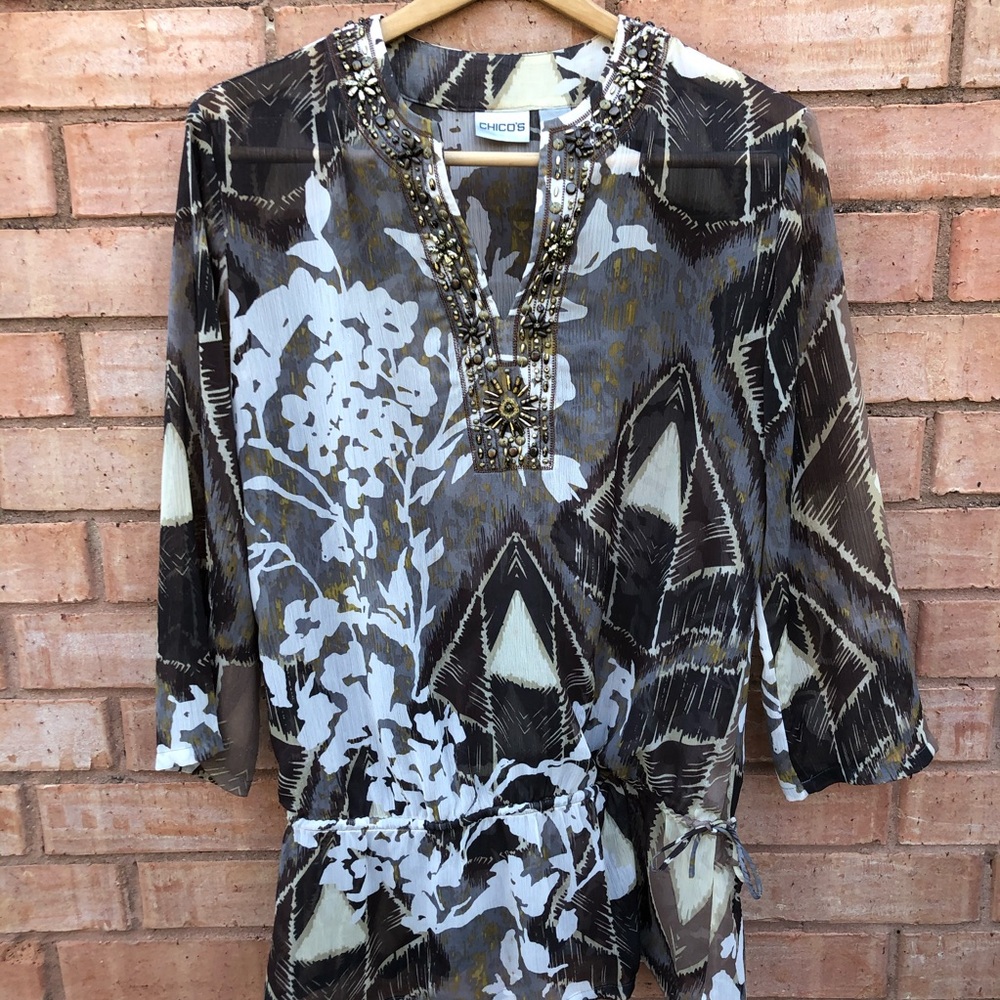 Chico’s tunic Size M semi-sheer Metal embellishments Neutral colors EUC